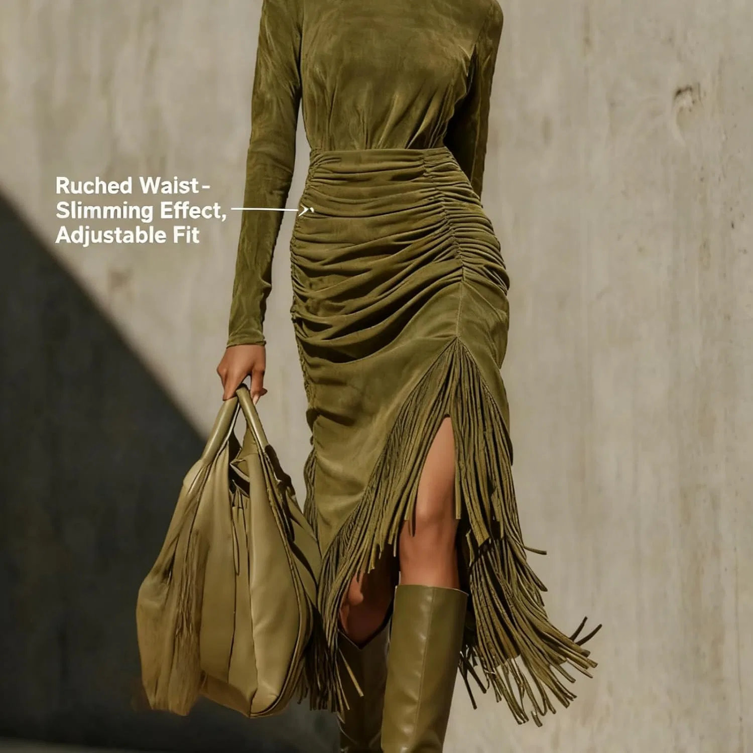 Женское платье миди с бахромой и асимметричным подолом, Olive Green — фото 3