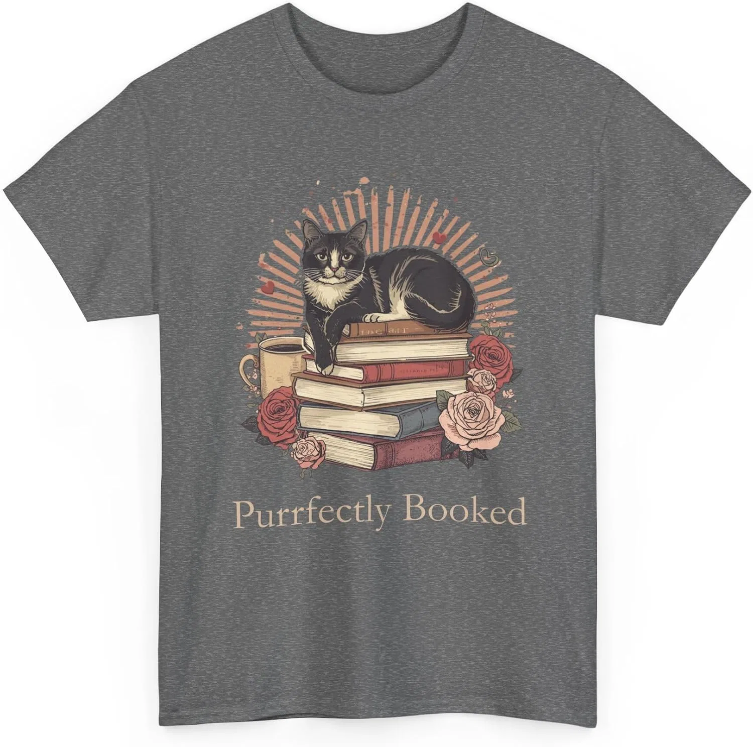 Мужская футболка с принтом Purrfectly Booked Cat Stack of Books, Tweed