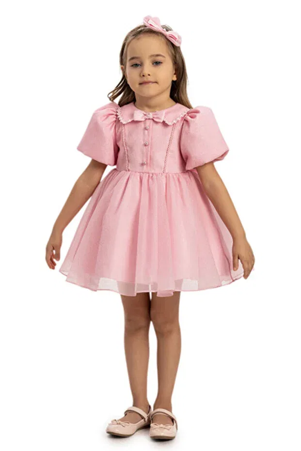 Детское платье для девочек с жемчугом Evening dress pearl detailed baby special occasion dress with hair accessory Pamina, Pink — фото 3