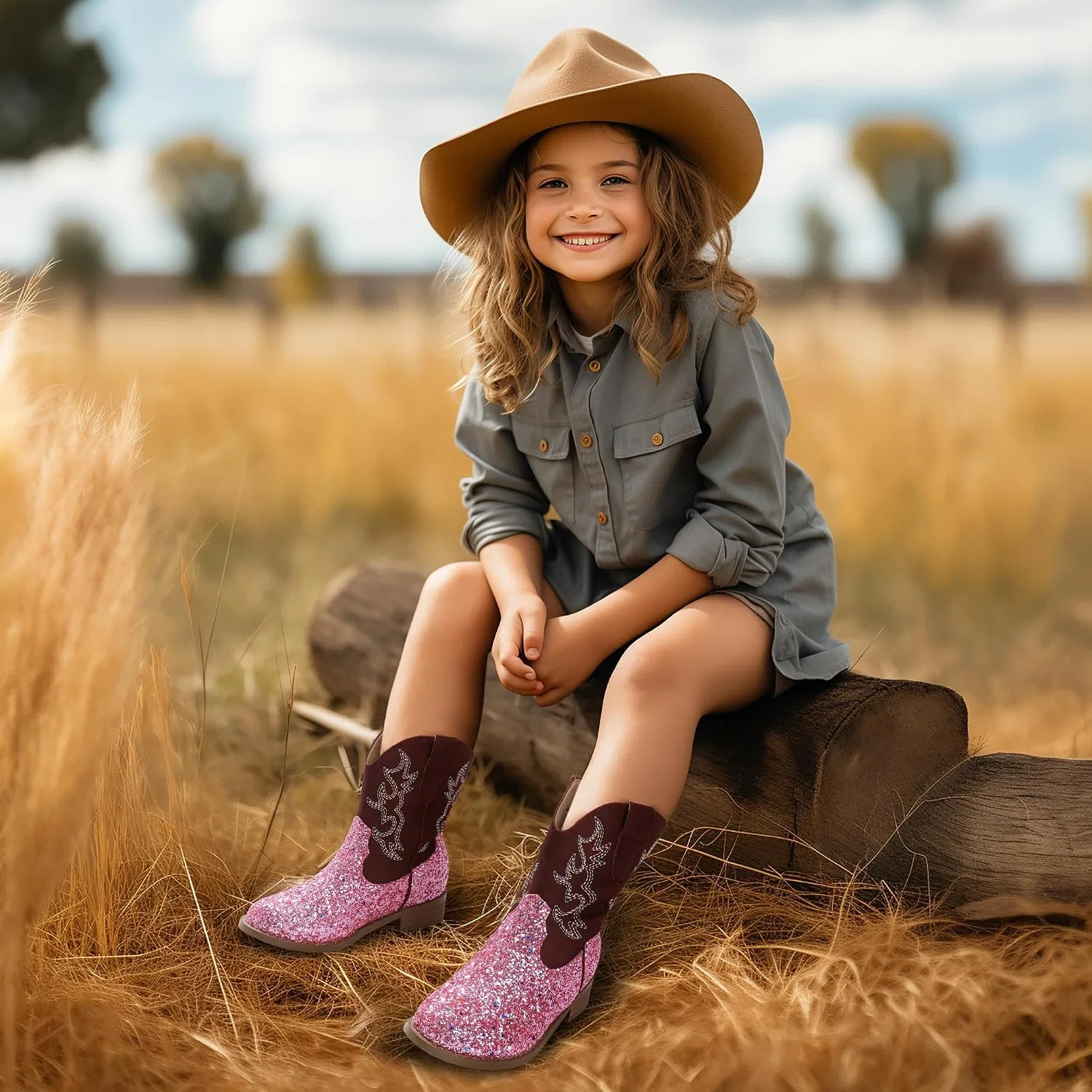 Детские сапоги для девочек с вышивкой Cowgirl Boots PANDANINJIA, Pink Sequin — фото 2