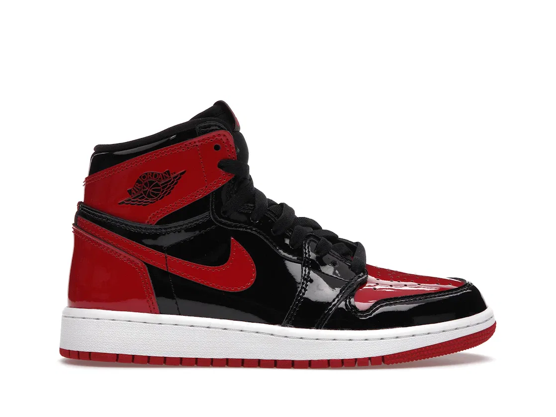 Детские кроссовки с патентованной кожи Jordan 1 Retro High OG, Bred Patent GS Jordan, Black/White-Varsity Red