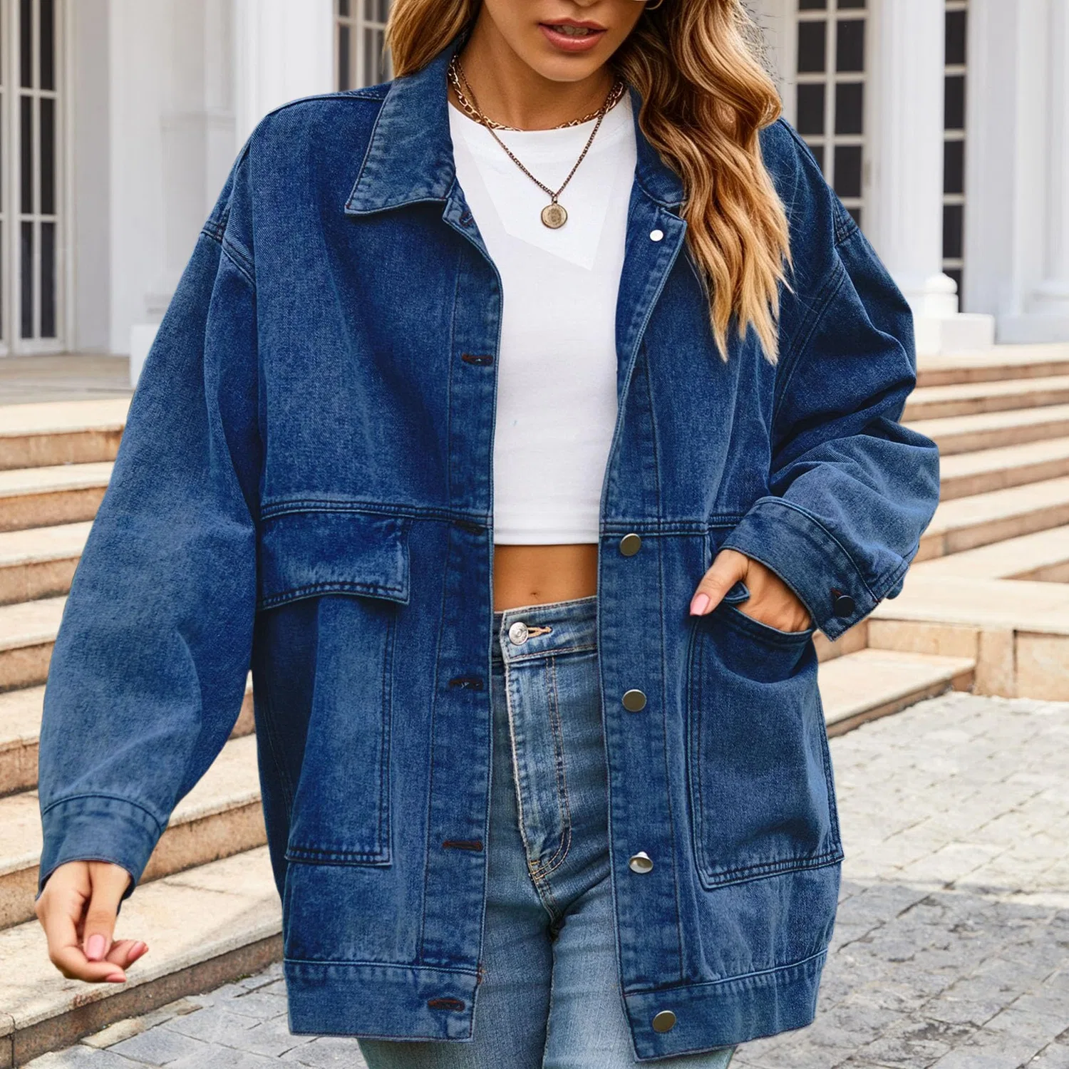 Женская джинсовая куртка oversize с эффектом потертости, модель trucker, Blu scuro — фото 2