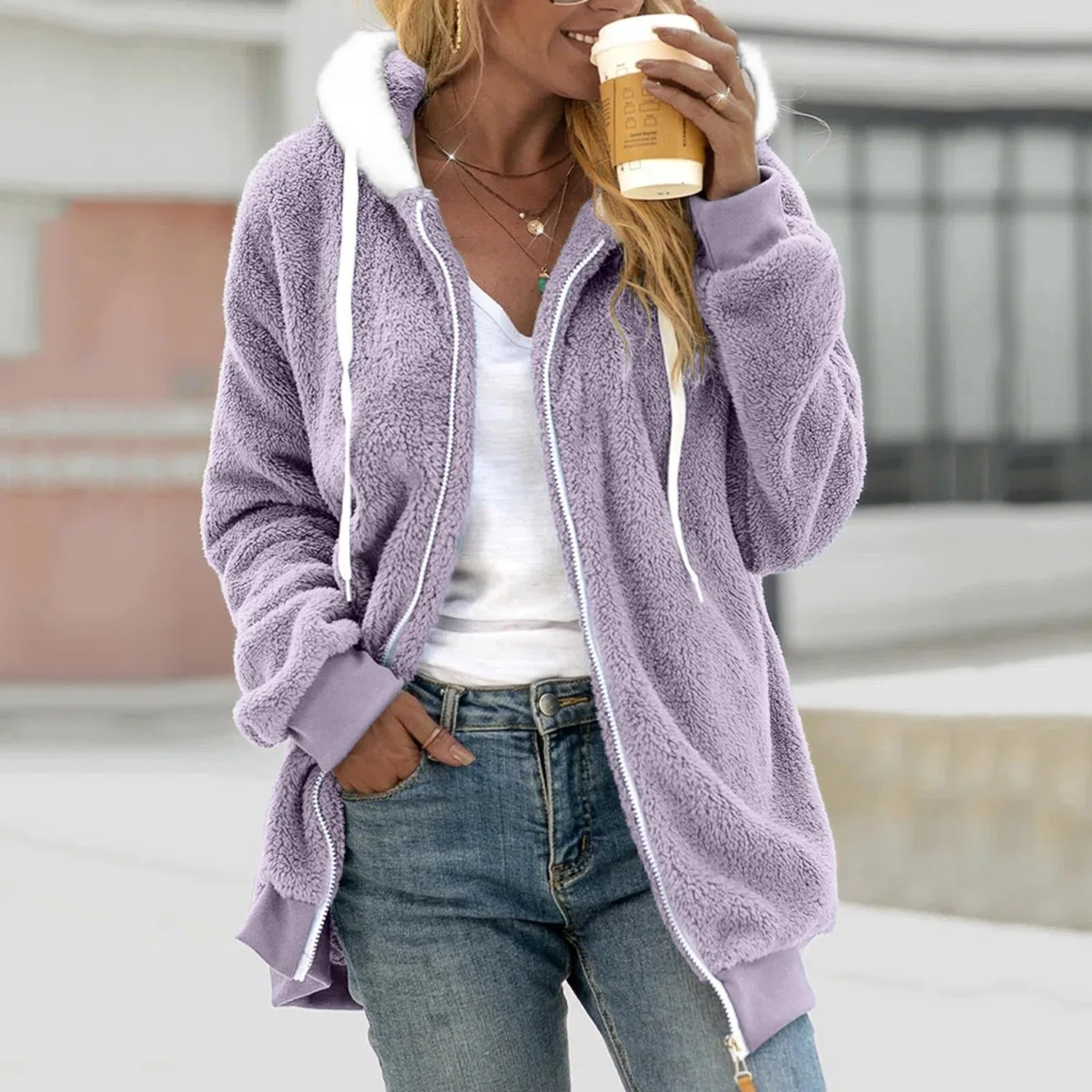 Женское утеплённое пальто с капюшоном, на молнии, Teddy Fleece Jacket, purple — фото 2