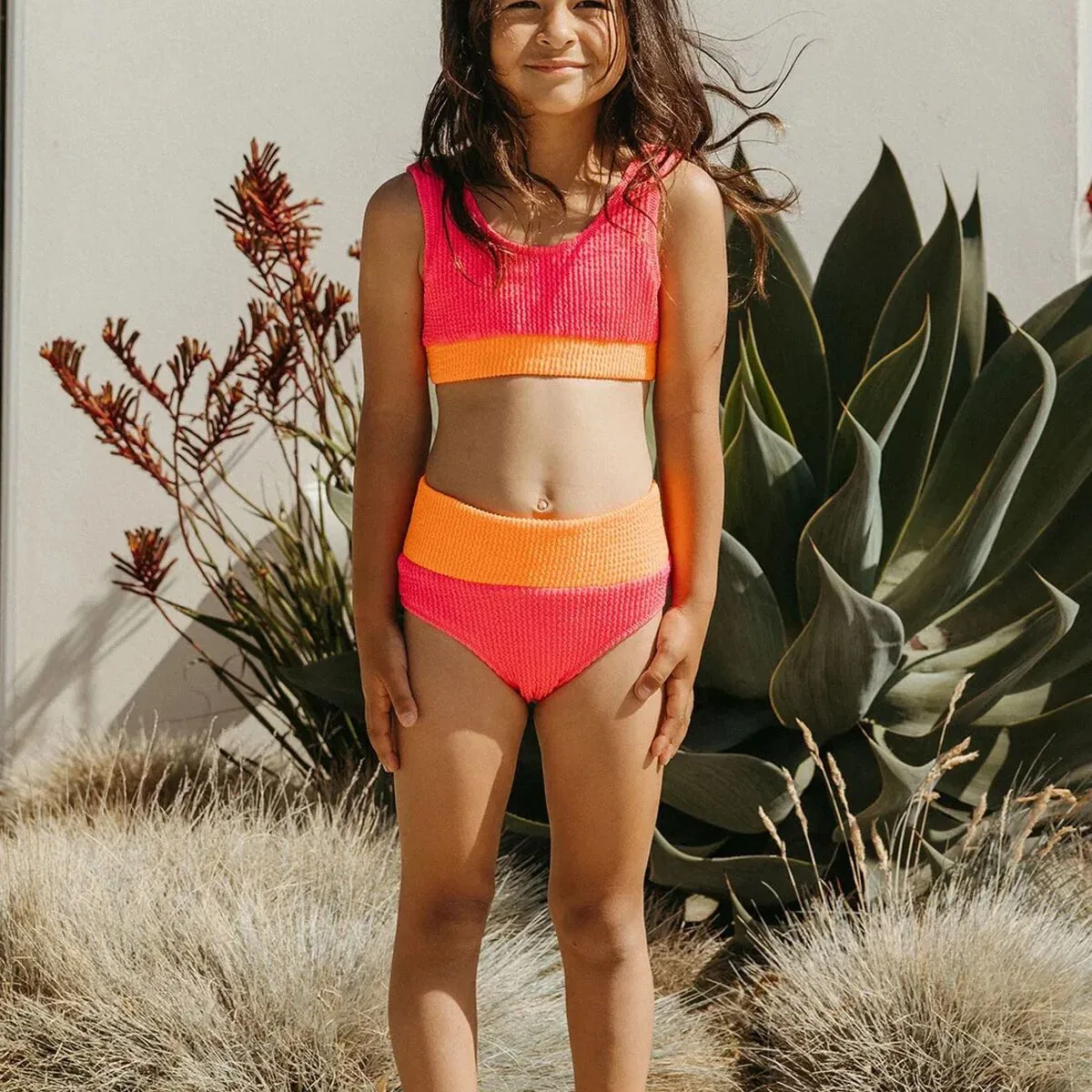 Детский комплект бикини для девочек с принтом Crinkle Color Block Two Piece Swimsuit Seaesta Surf, Neon — фото 2