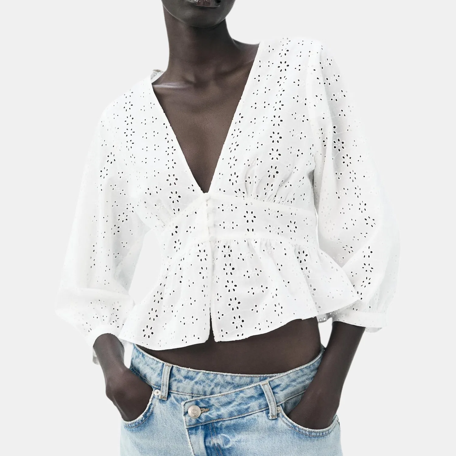 Женская рубашка с V-образным вырезом White ZARA, Белый — фото 4