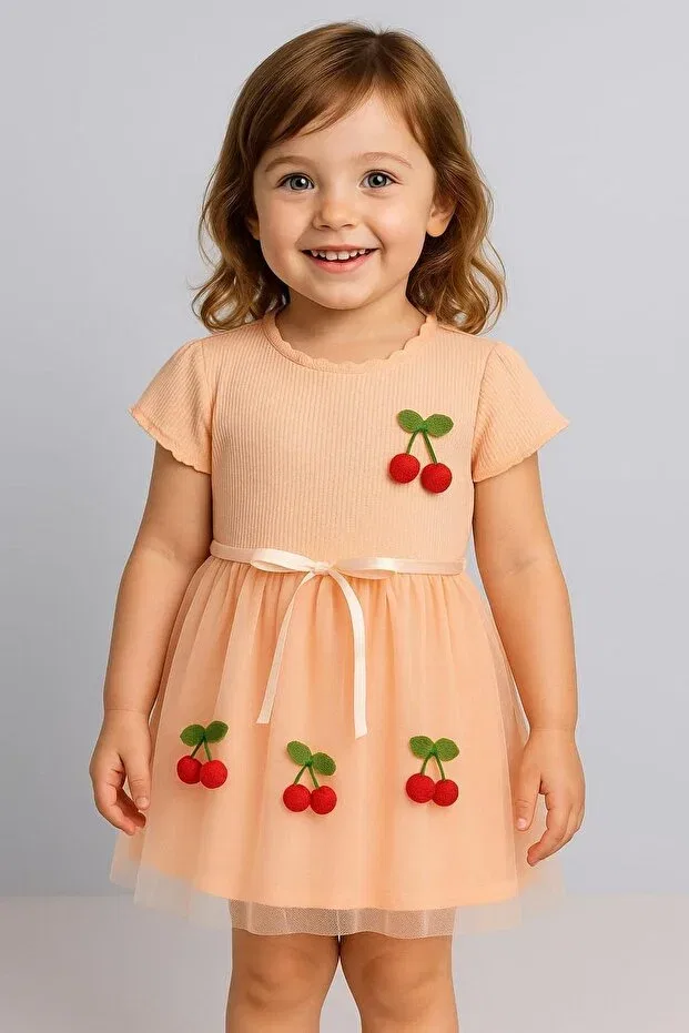 Детское платье для девочек с принтом Cherry Short Sleeve Tutu Lined Dress Dinamik Çocuk, Somon