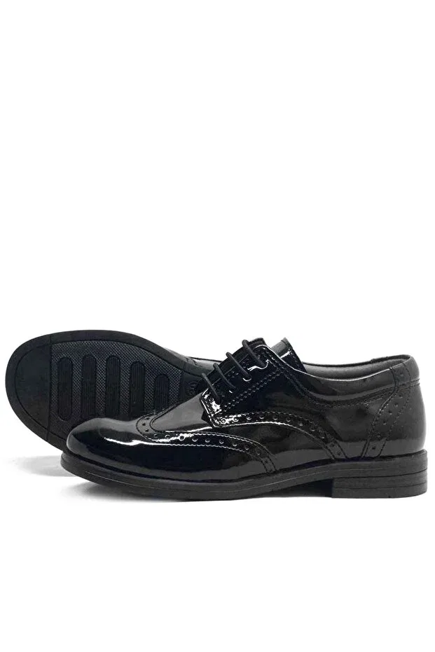 Детские туфли для мальчиков кожаные Plus titan patent leather laced classic boys' school shoes Raker, Black — фото 3