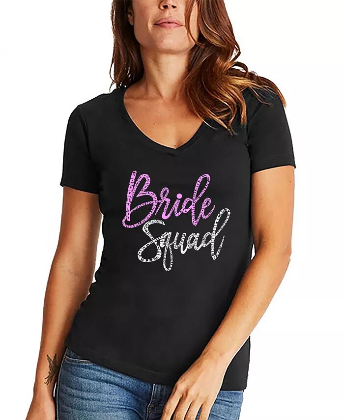 

Женская футболка Bride Squad Word Art с V-образным вырезом LA Pop Art, черный