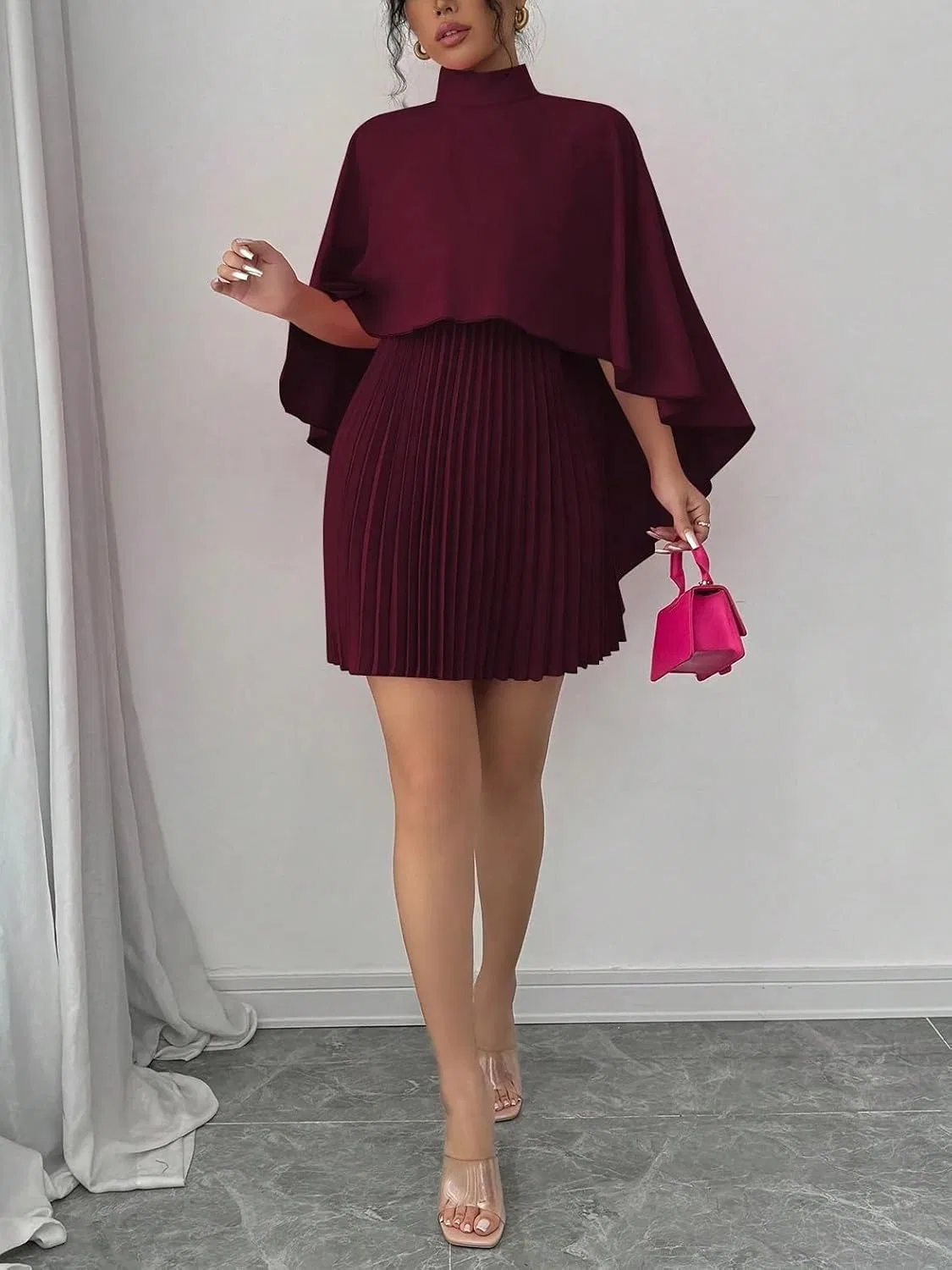 Женское мини-платье А-силуэта с воротником-стойкой Generic, Burgundy — фото 4