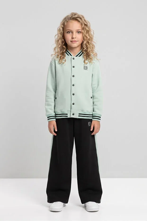 Детский спортивный костюм для девочек с принтом College Collar Wide Leg Black One, Mint Green