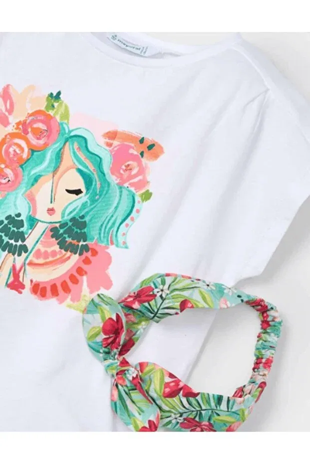 Детская футболка для девочек с принтом Printed Headband And T-Shirt Mayoral, White — фото 4