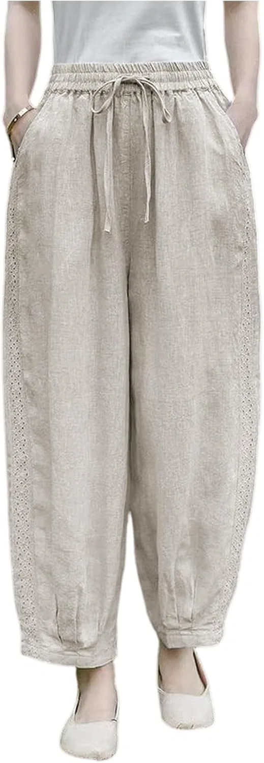 Женские широкие брюки из льна с карманами, Beige