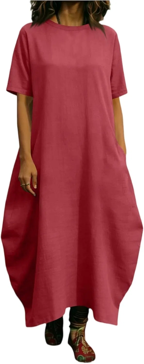 Женское свободное макси-платье с коротким рукавом, Red
