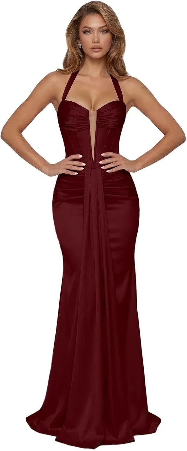Женское вечернее платье-русалка с завязками на шее Satin Prom, Burgundy