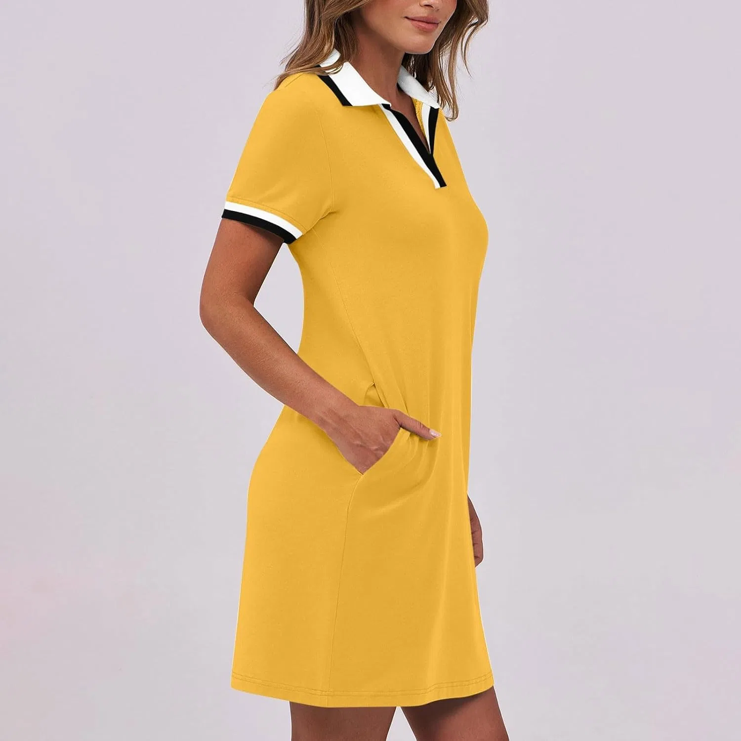 Женское спортивное платье поло с V-образным вырезом, Yellow — фото 3