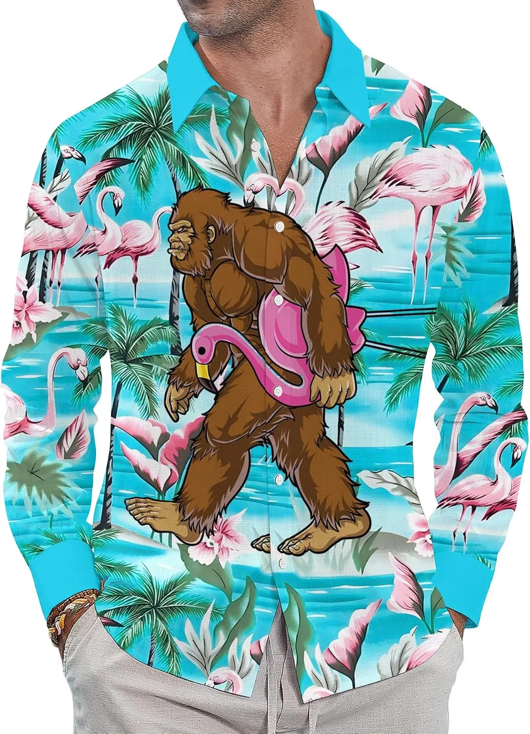 Мужская гавайская рубашка с длинным рукавом, на пуговицах, Polyester, синий — фото 3