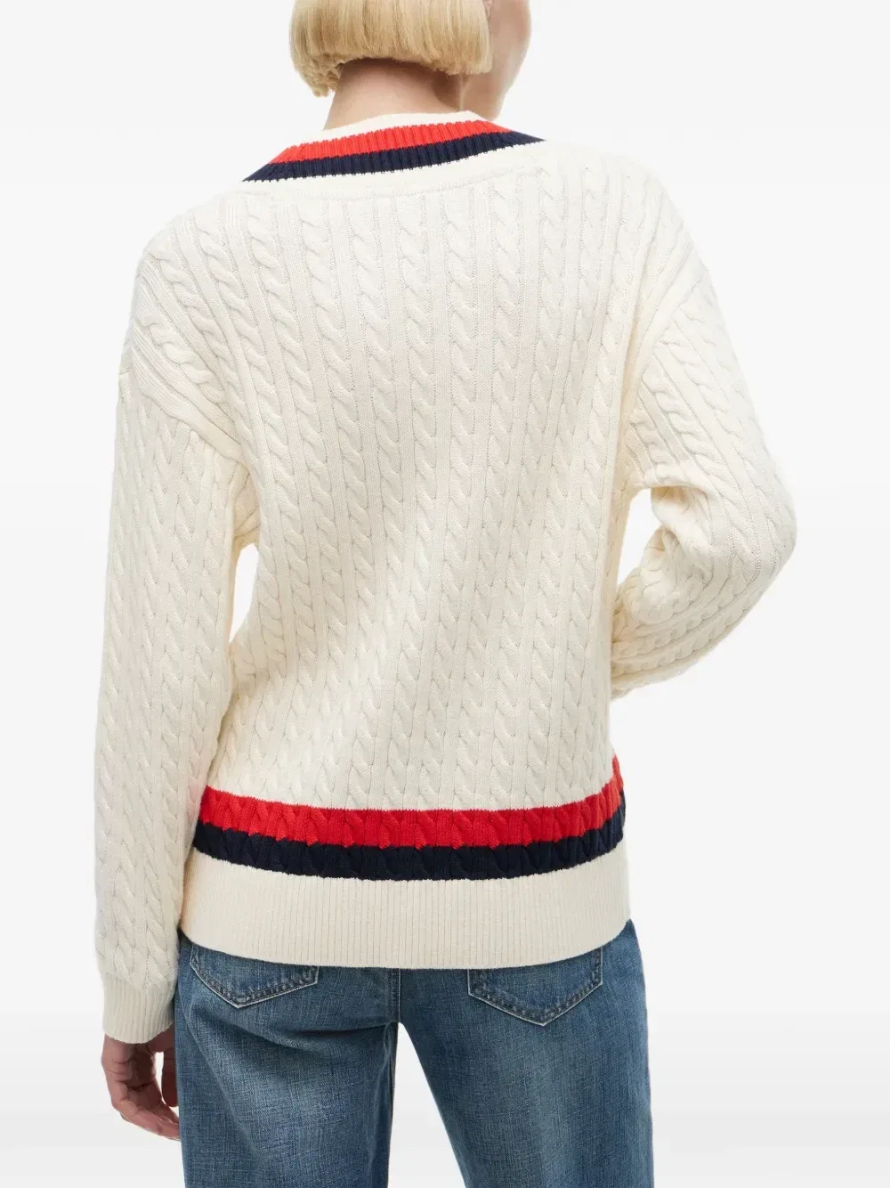 Вязаный свитер в косичку с полосатой отделкой Tommy Hilfiger, бежевый — фото 4