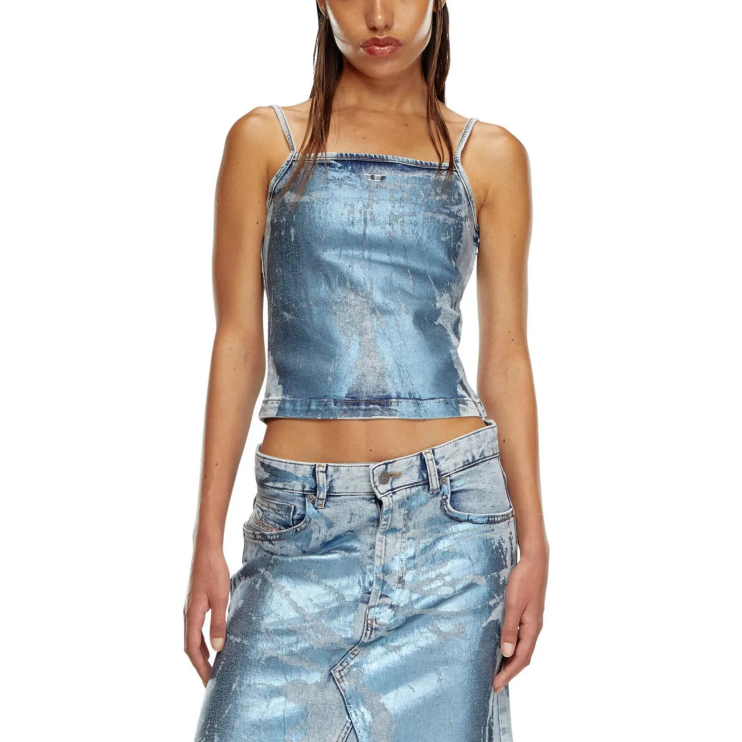 Женский топ с металлическим эффектом, укороченный, DIESEL, Light Blue — фото 3