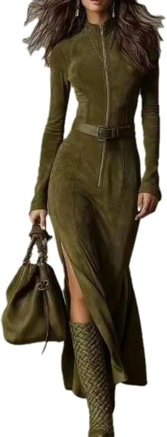 Женское мини-платье вестерн из вельвета с поясом, Army Green
