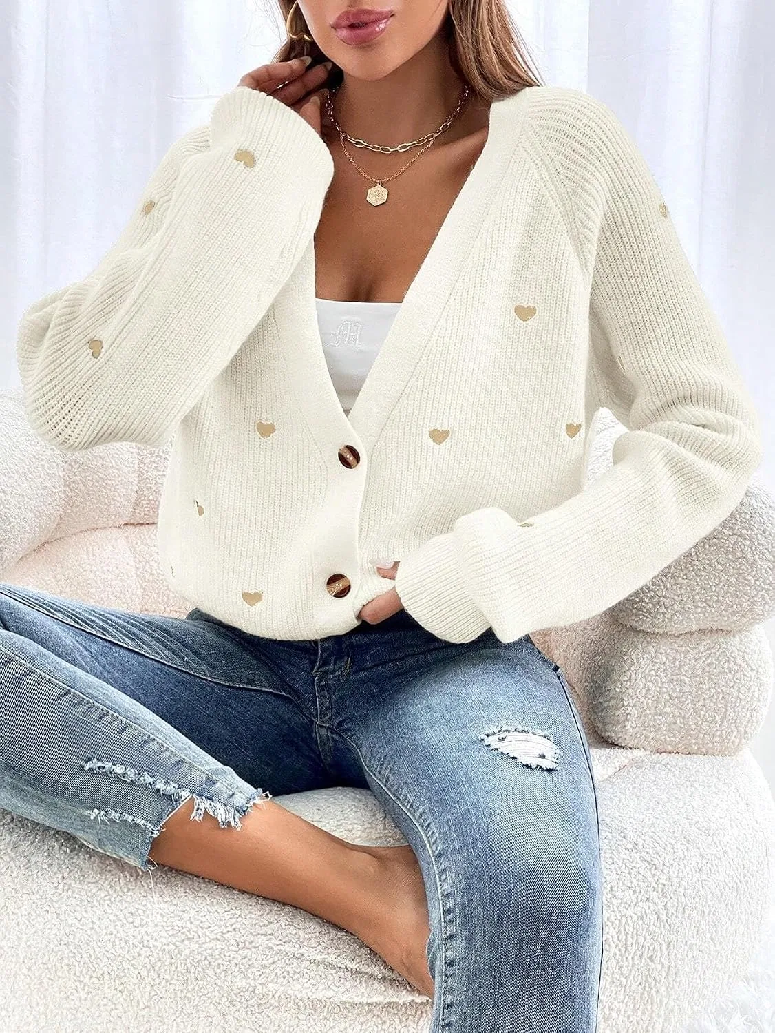 Женский кардиган с длинным рукавом, модель Fall Long Sleeve Button Down, белый — фото 2