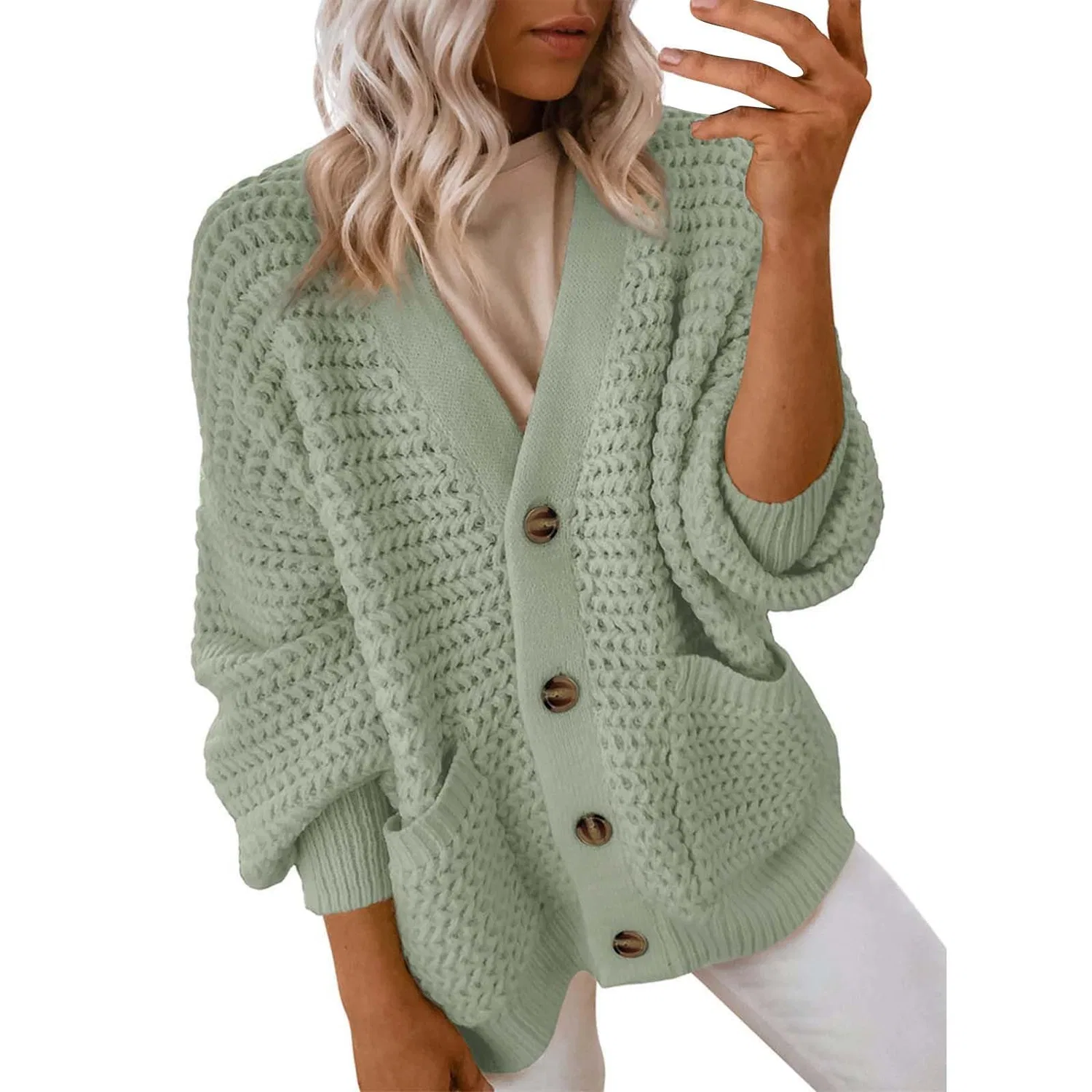 Женское пальто с длинным рукавом, без воротника, из трикотажа, Green