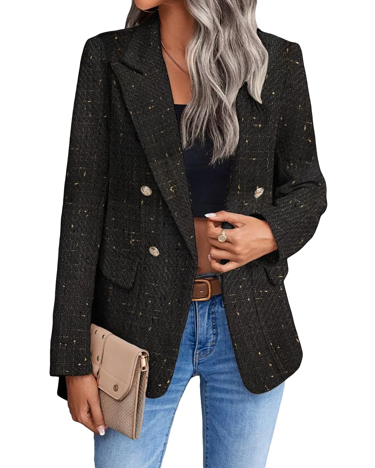 Женское твидовое пальто с принтом в клетку, 2-tweed / black