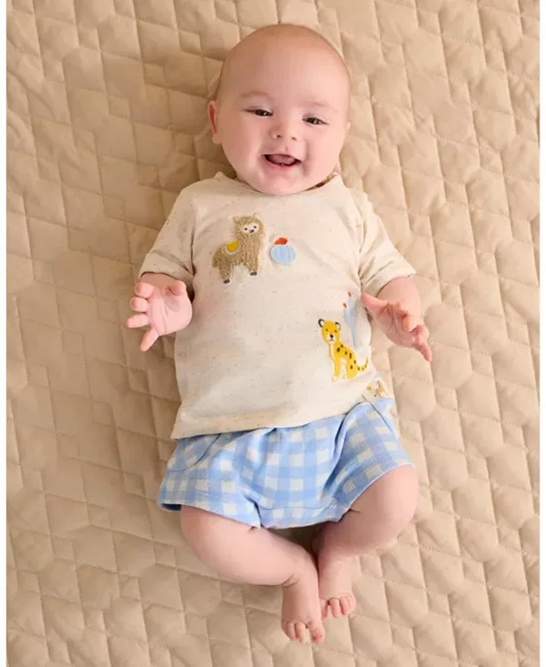 Детский комплект для мальчиков с принтом Gingham Short and Tee Set Purebaby, Caribbean Gingham — фото 2
