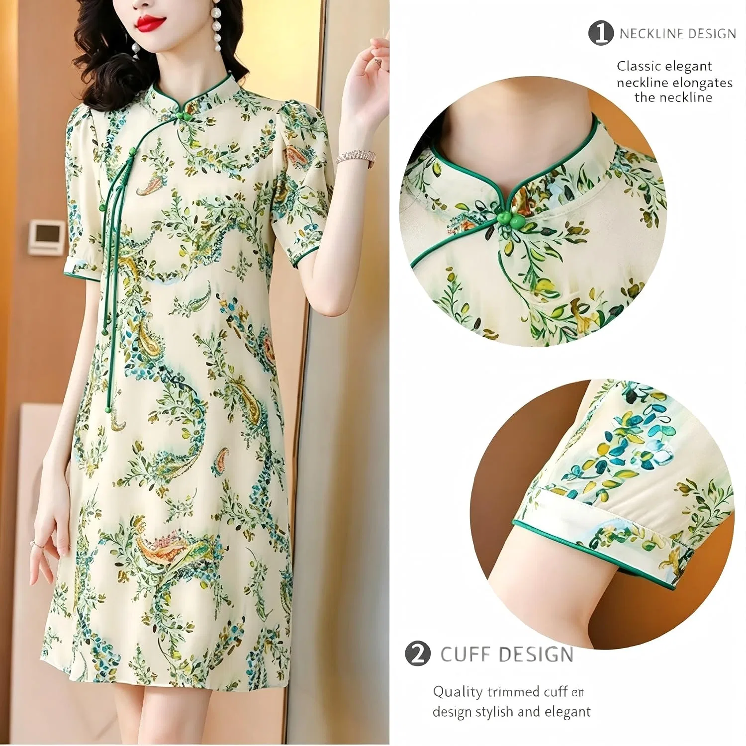 Женское платье-ципао с принтом, модели Cheongsam, Beige With Green Floral Print — фото 4