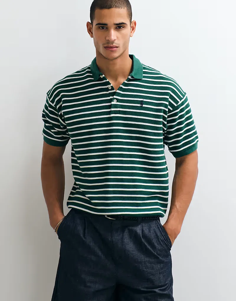 Вязаная поло Polo Ralph Lauren свободного кроя с коротким рукавом в полоску, зеленого - MGREEN — фото 2