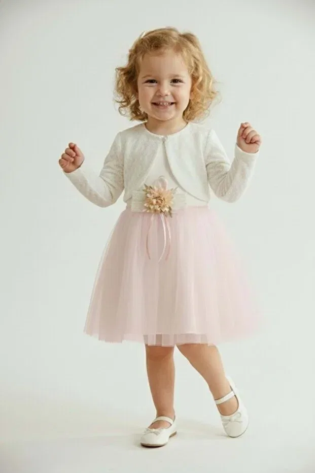 Детское платье для девочек с длинным рукавом Knitwear bolero waist floral baby girl dress m00773 Mnk Baby&Kids, Light Pink