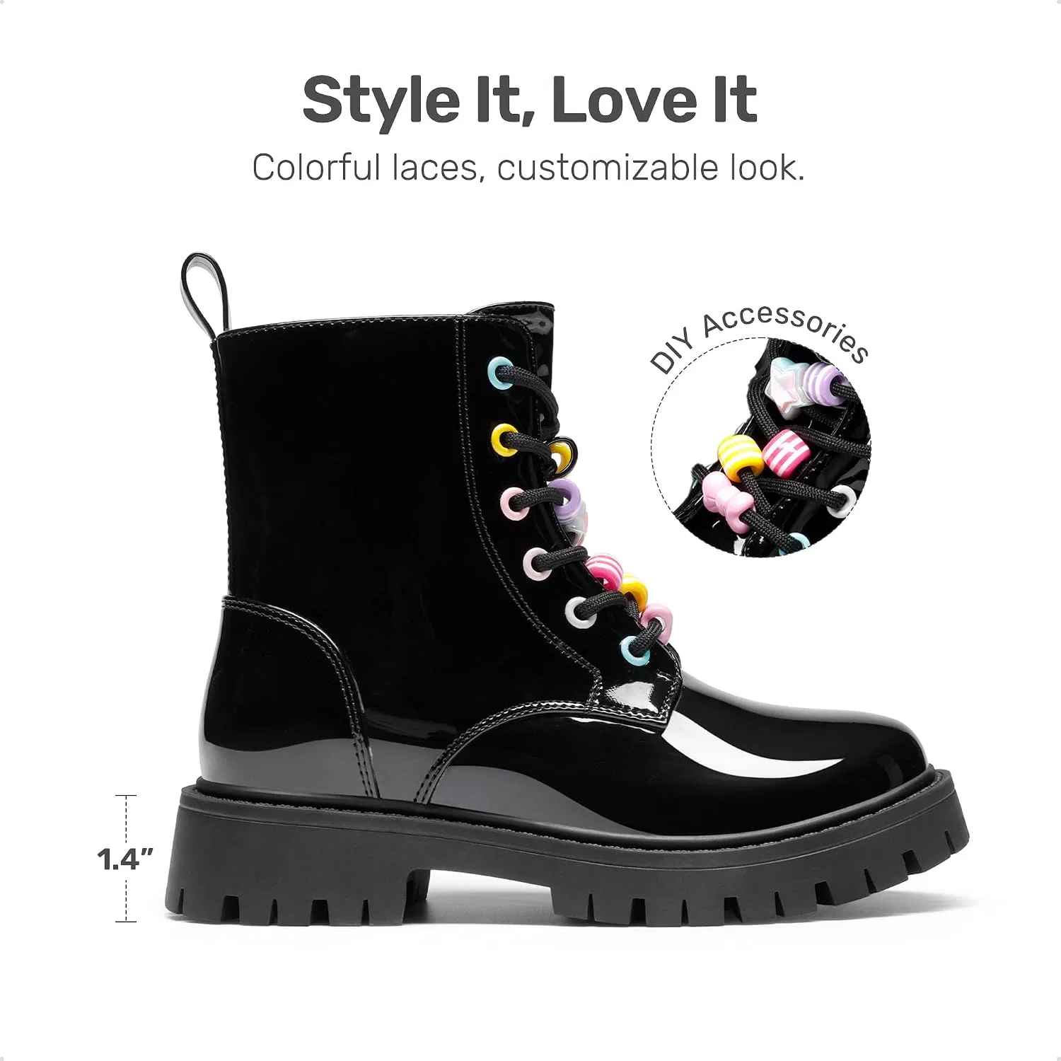 Детские ботинки для девочек на шнуровке с молнией DREAM PAIRS, All Black — фото 3