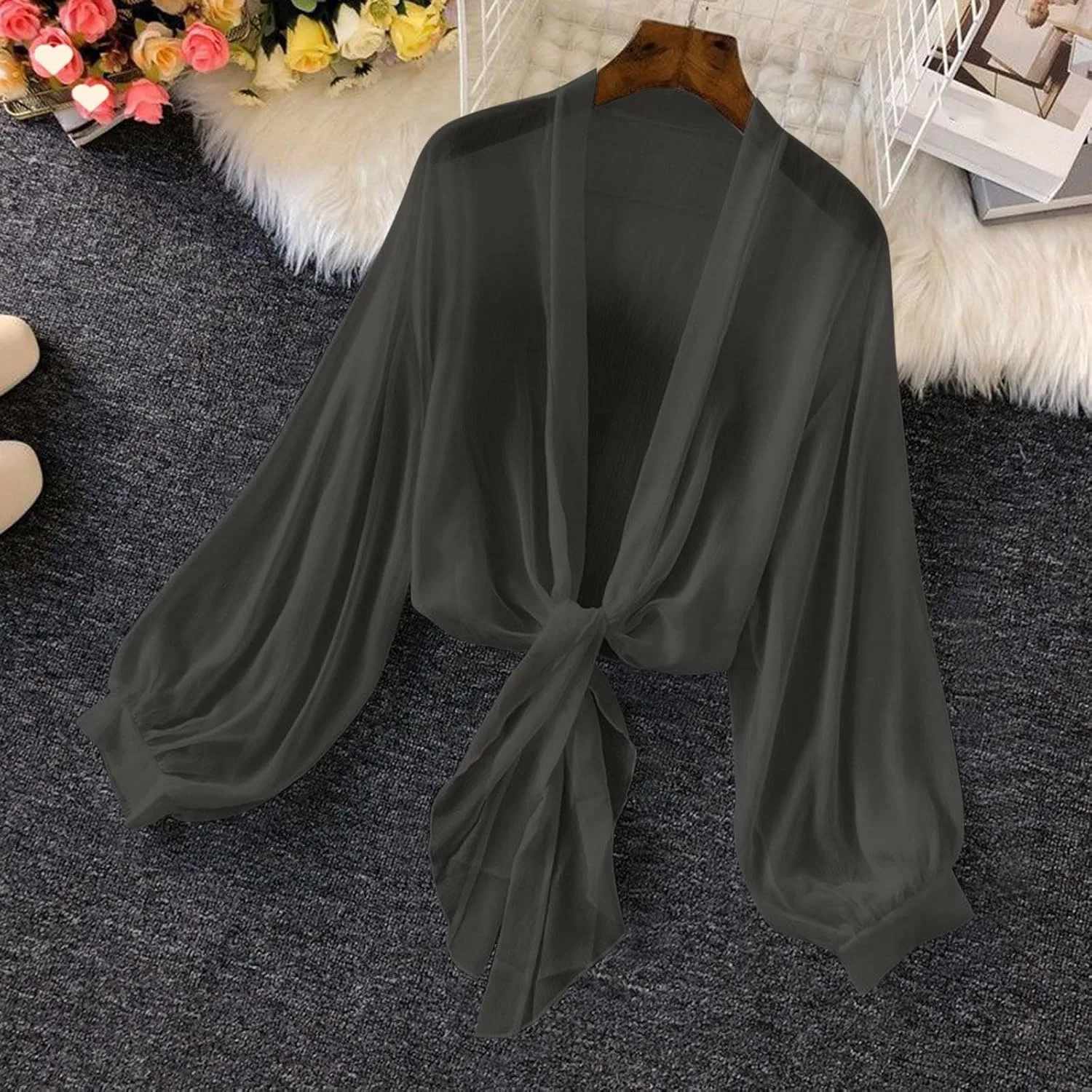 Женская пляжная накидка с V-образным вырезом Oversized Flowy Chiffon, Black — фото 2