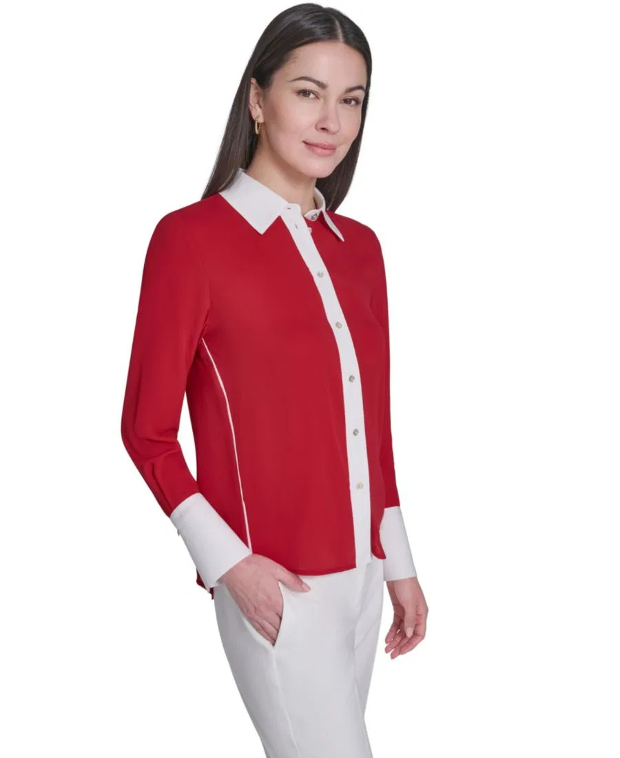 Женская приталенная рубашка на пуговицах с длинным рукавом Tommy Hilfiger, Scarlet Ivory — фото 3