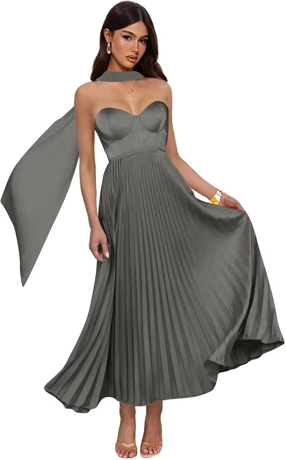 Платье для подружки невесты сатиновое без бретелек Tea Length с шарфом, Grey