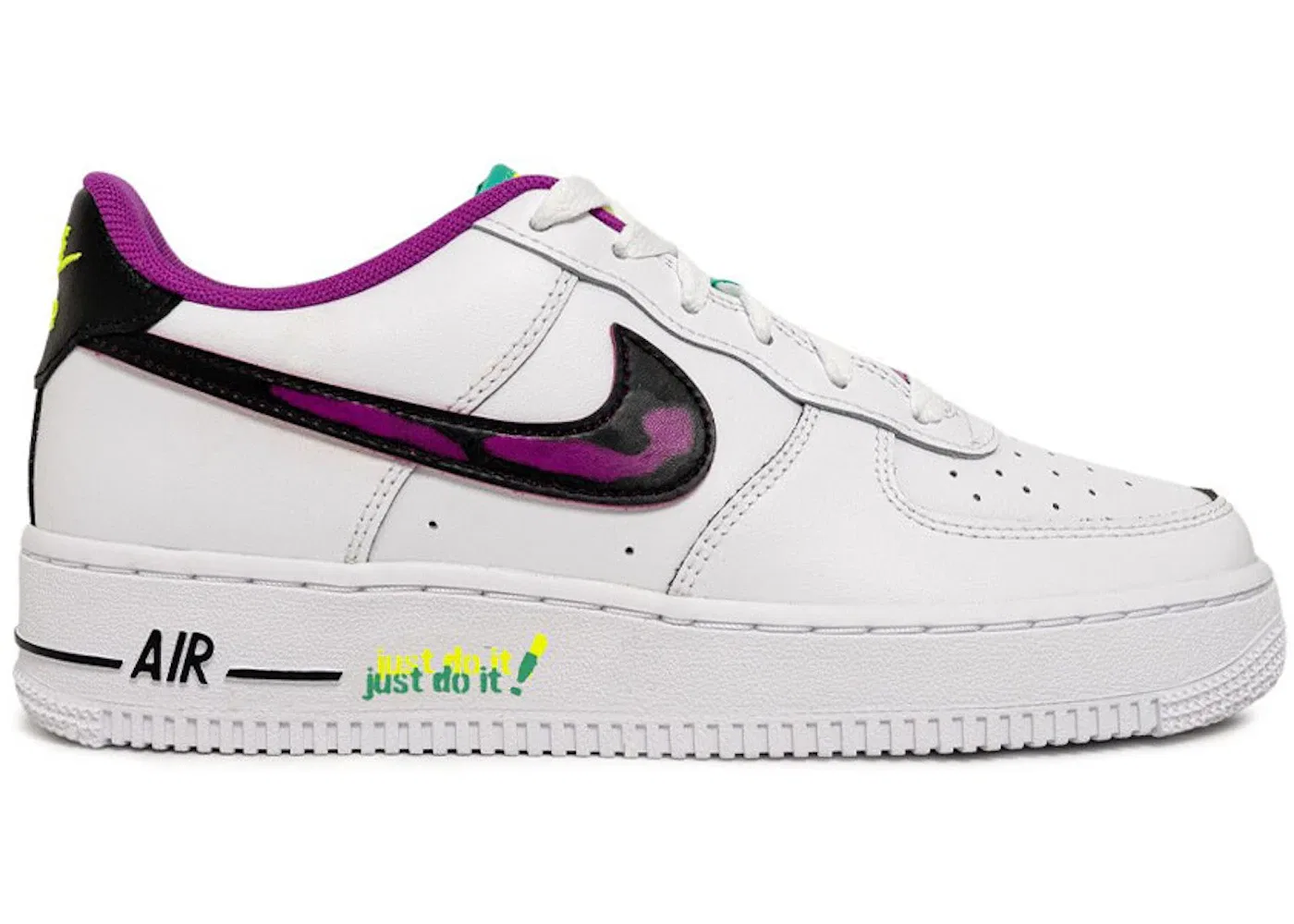 Детские кроссовки с кожаным верхом Nike Air Force 1 Low '07 LV8, White/Black-Vivid Purple-Light Menta