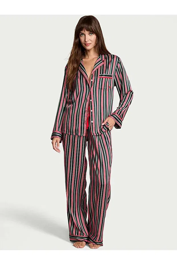 Женский пижамный комплект с длинным рукавом Fashion Show Shiny Satin Long Victoria'S Secret, Red/Green Striped