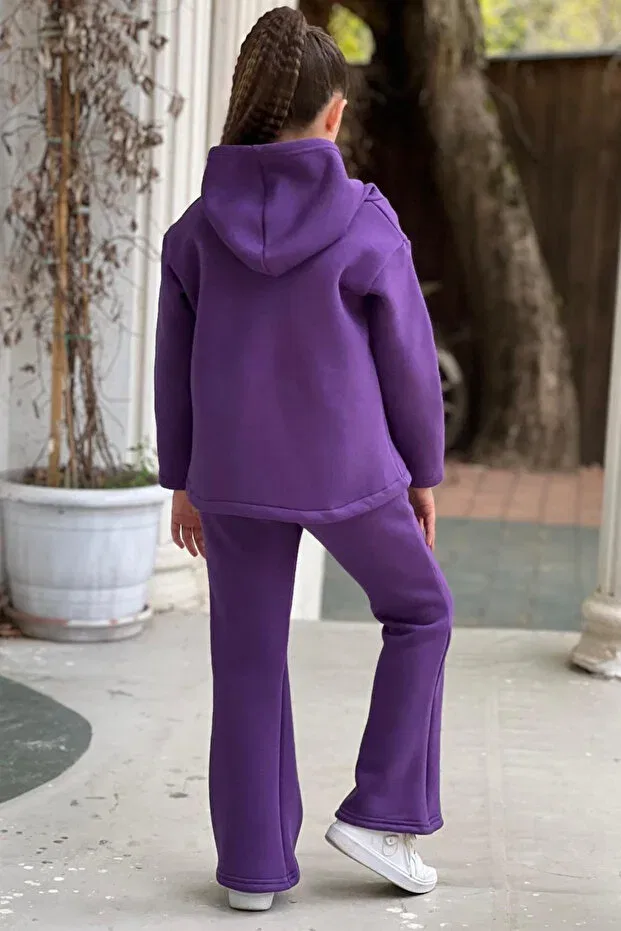 Детский спортивный костюм для девочек с широкими штанинами 3 thread raised winter wide leg bottom top girl's tracksuit set with fleece inside Elafor, Dark Purple — фото 4
