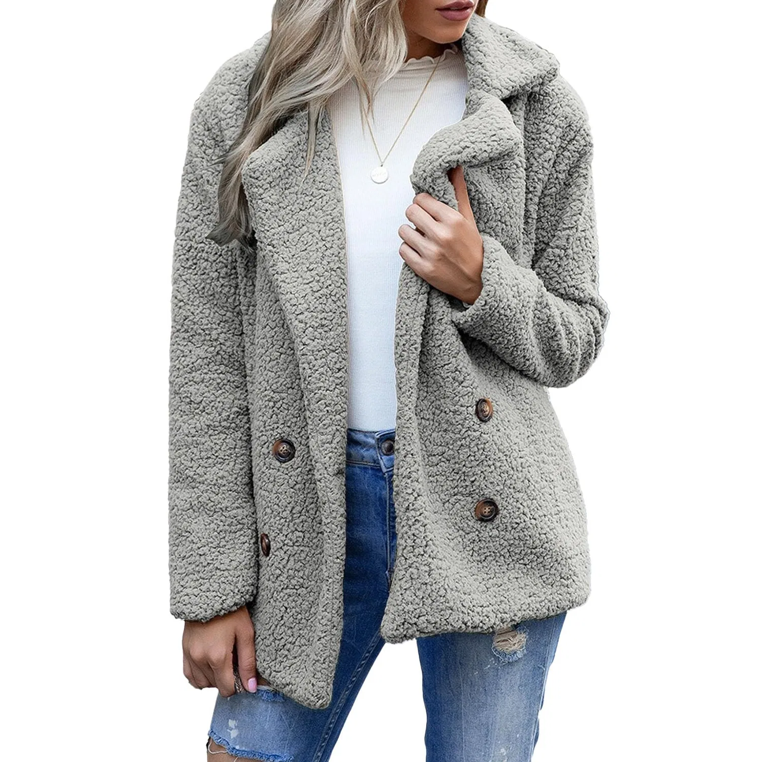 Женское длинное пальто из искусственного меха с принтом, модель Oversized Warm Jacket, bright grey (ral 7035)