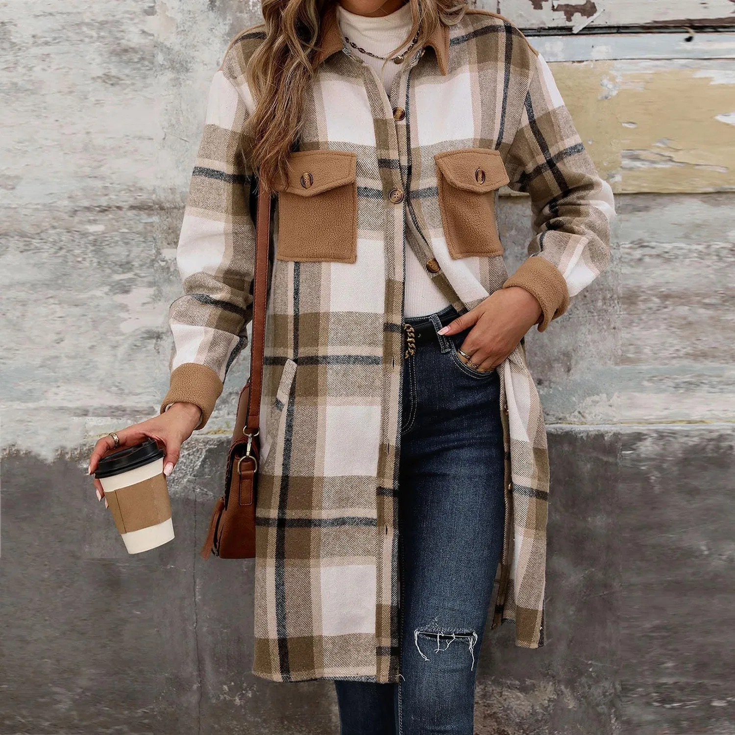 Женский жилет с принтом в клетку Autumn 2024 Plaid Lightweight Lined Long Fashion Casual Elegant Jacket with Pockets Coat Elegant, Caff file — фото 3