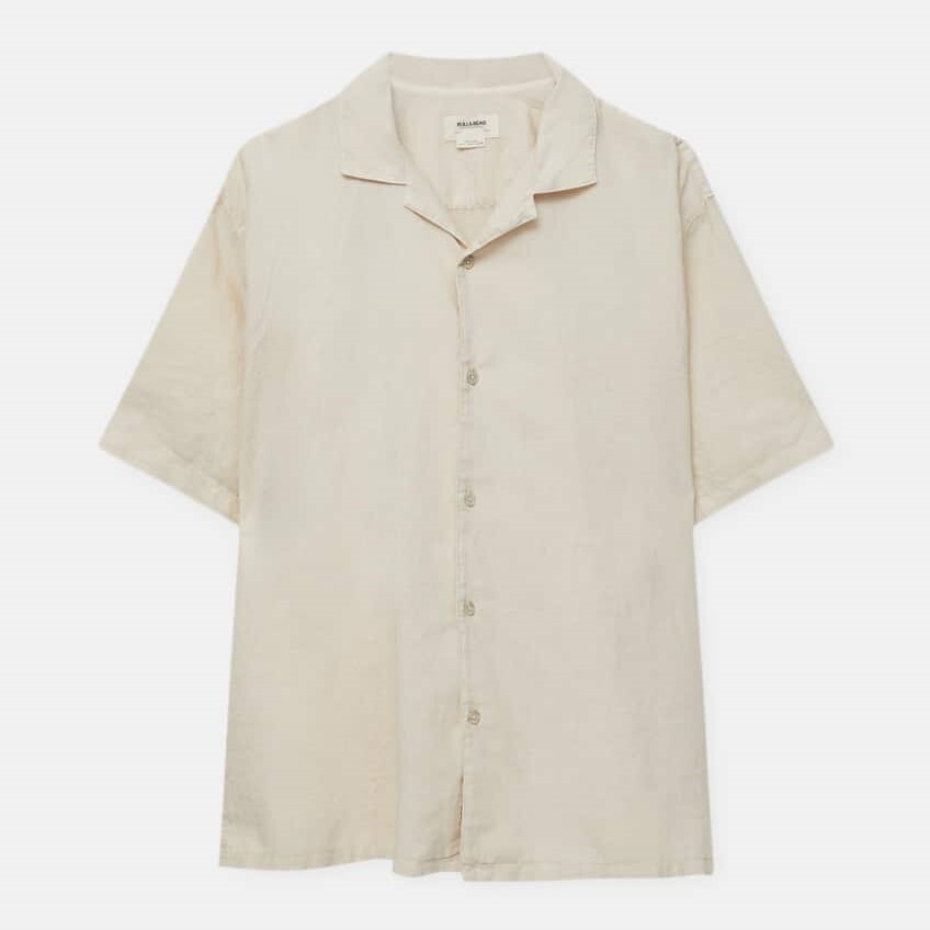

Рубашка Pull&Bear Basic Short Sleeve Linen Blend, серо-бежевый