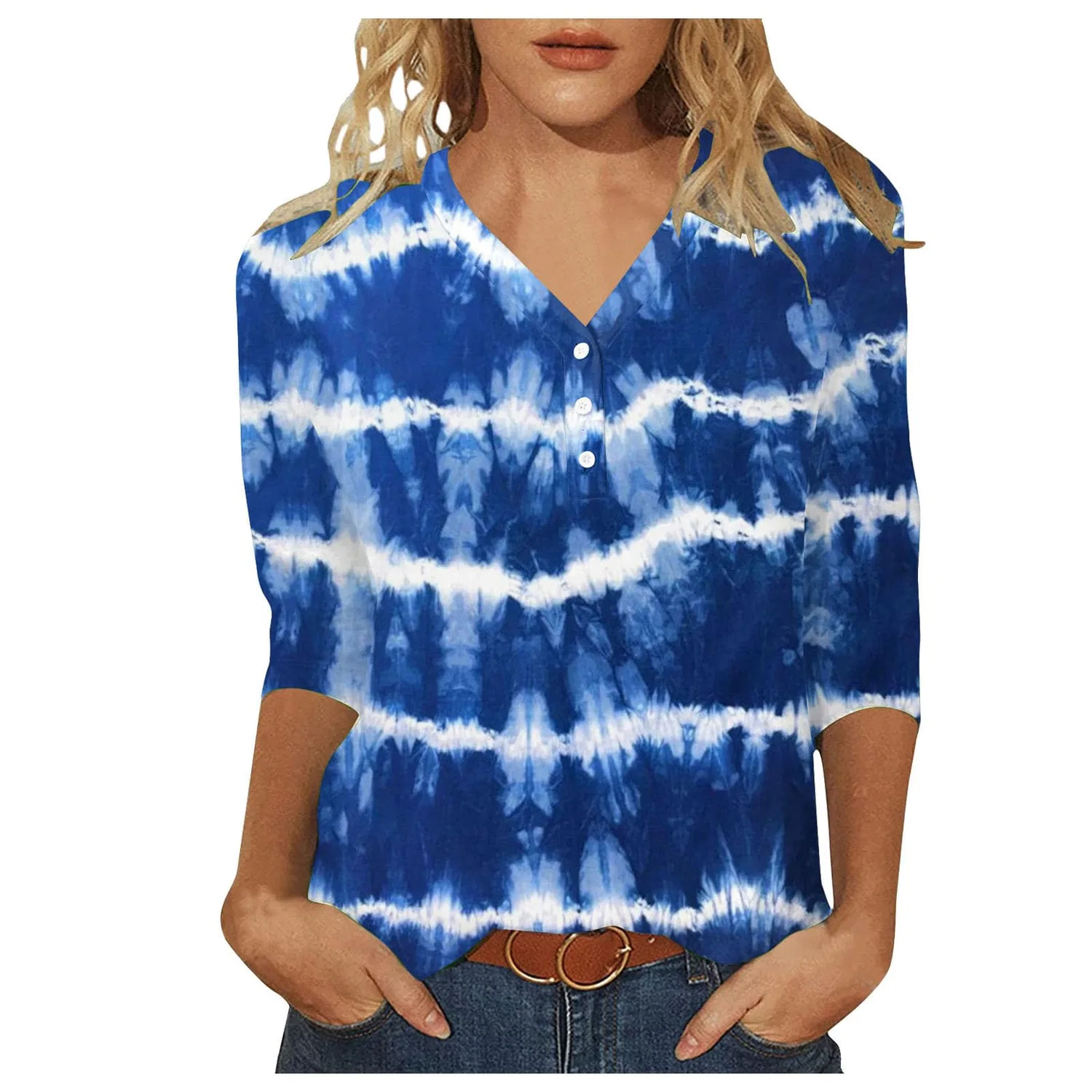 Женская футболка с принтом Plaid Shirt 3/4 Sleeves, A-dark Blue