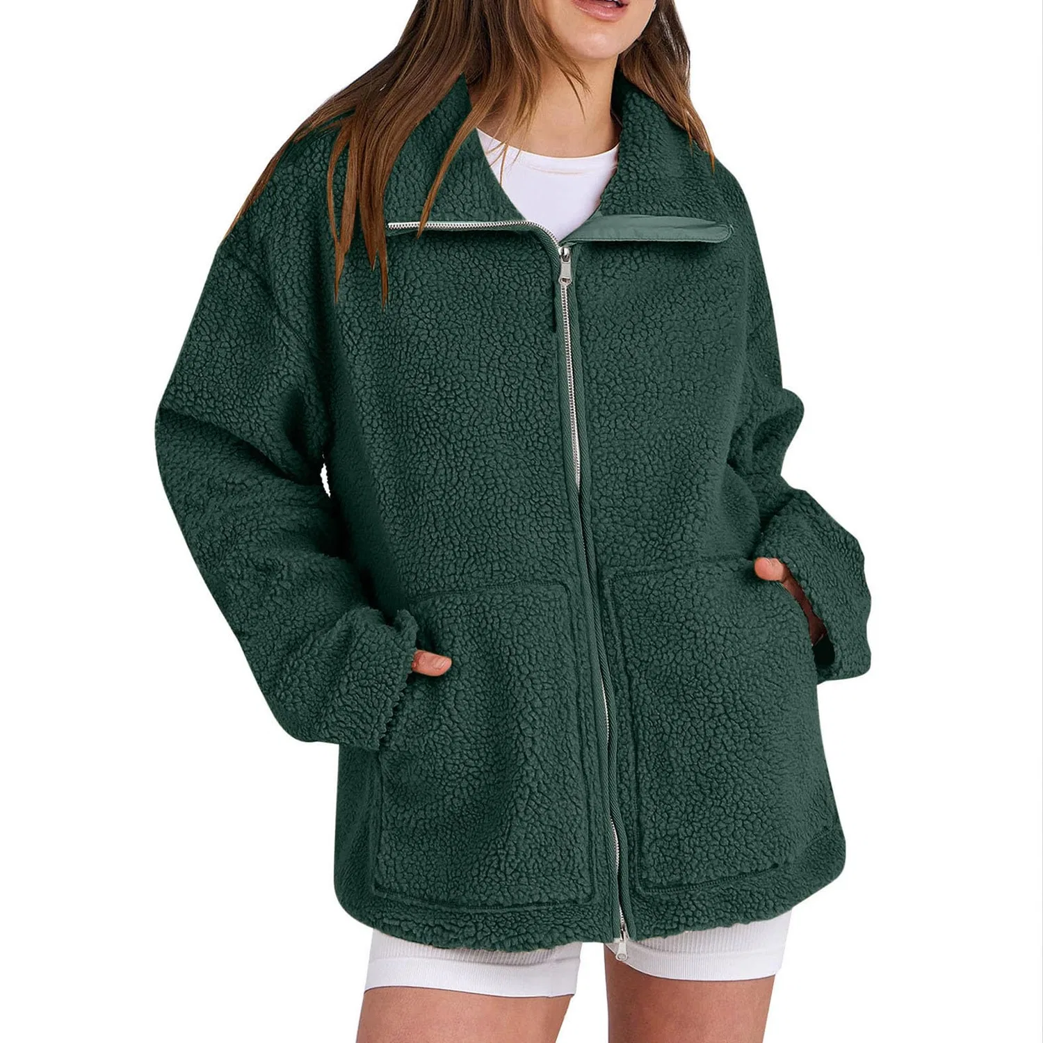 Женское пальто с длинным рукавом Oversized Fuzzy Fleece Jackets, Verde scuro — фото 3