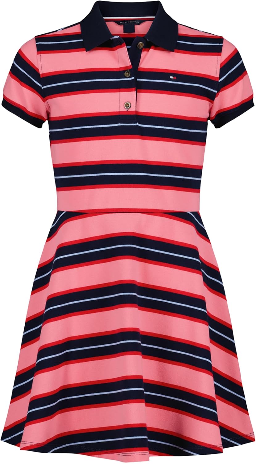 

Трикотажное платье-поло с короткими рукавами Tommy Hilfiger для девочек, повседневная одежда, мягкое и удобное., Varsity Stripe Strawberry