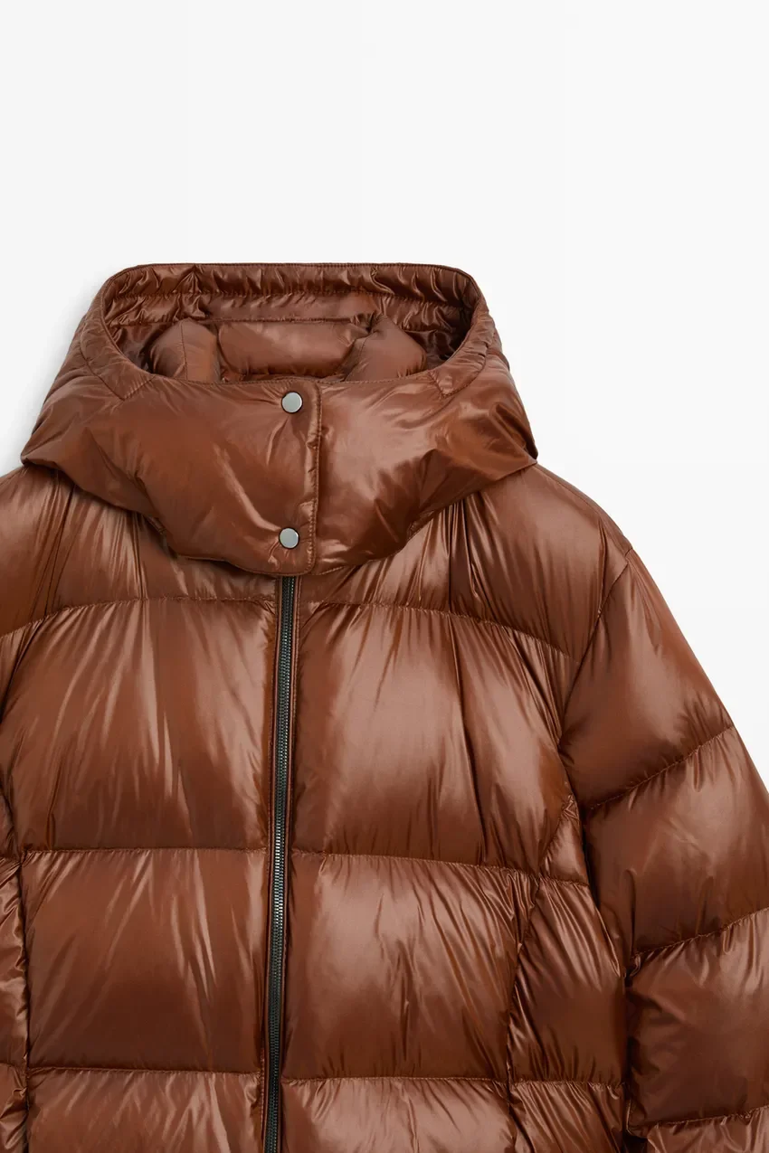 Пуховик Massimo Dutti Satin Down Jacket, карамель — фото 2