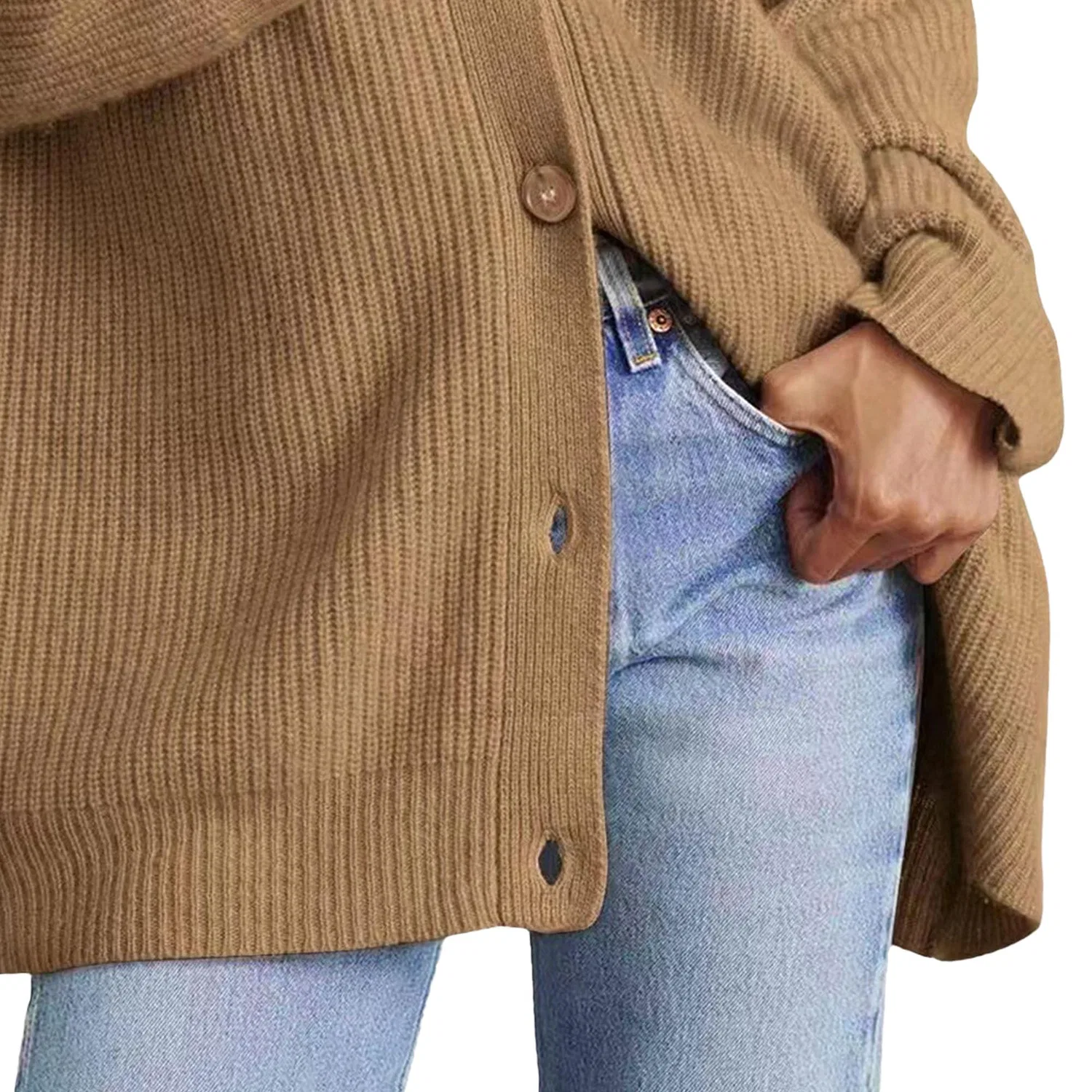 Женский вязаный кардиган с V-образным вырезом и длинным рукавом, Light Brown — фото 3