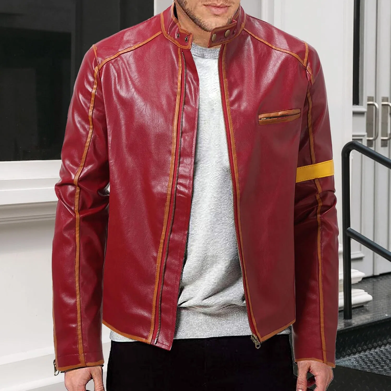 Мужская куртка из экокожи с принтом, модель Biker Style, винный — фото 2
