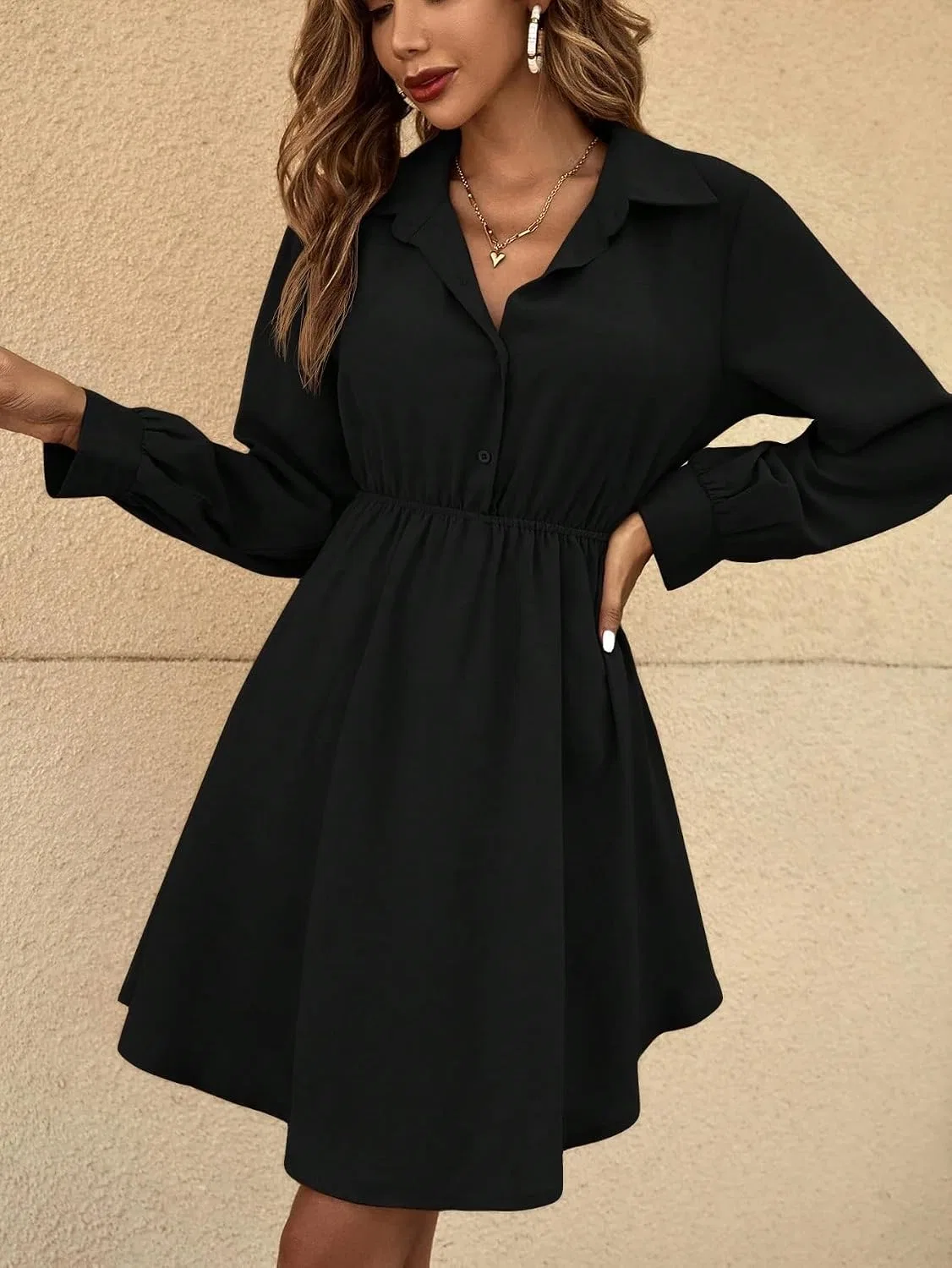 Женское короткое платье-рубашка с длинным рукавом, Black — фото 4
