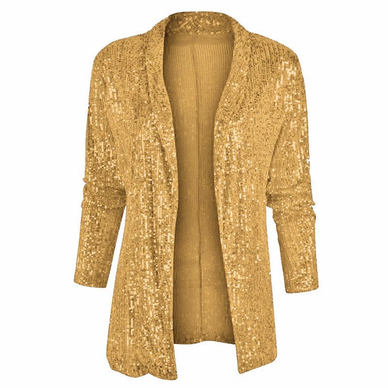 Женский блестящий жакет с пайетками Sequin Jackets Women Gold Open Front Blazer Casual Long Sleeve Sparkly Cardigan Summer Slim Coat Clubbing Evening Party Outfit Vintage Fashion Solid Color Glitter Jackets Sizes, Oro — фото 4