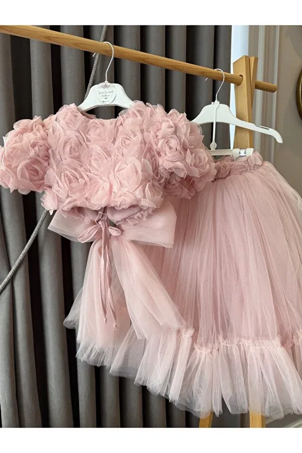 Платье для девочек с принтом Embossed floral tie-detail back drop top & long skirt girls' set with bow detail Baby Aden, Pink — фото 4