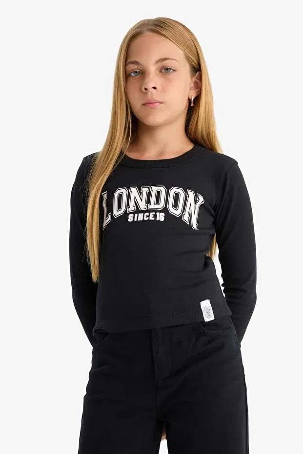 Детская футболка для девочек с длинным рукавом Slim fit narrow cut crew neck printed ribbed camisole long sleeve t-shirt girl child c7465a825au Defacto, Black-Bk81 — фото 3